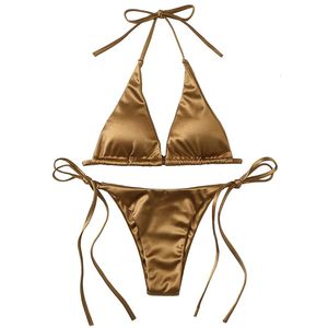 Mayo Seksi Kadın Metalik Halter Üst İki Parça Mayo Kravat Yan Üçgen Bikini Yaz Katı Mayo Beachwear Bikini Set 230313