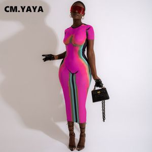 Casual Dresses CM.YAYA Women 3D Printed Short Sleeve O-neck Bodycon Midi Maxi Dress for Summer Sexy Night Party Clubwear Long Dresses 230311