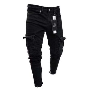 Men s Jeans Men Slim Biker Ripped Long Denim Trousers Skinny pocket Young Man Jogging Pants Destroyed Stretchy Black 230313