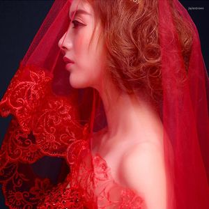 Cabeças de cabeceiras véu de noiva Casamento vermelho coreano Acessórios para vestir com renda única longa