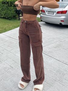 Women's Jeans Rockmore Brown Vintage Baggy Jeans Women 90s Streetwear Pockets Wide Leg Cargo Pants Low Waist Straight Denim Trousers 230311