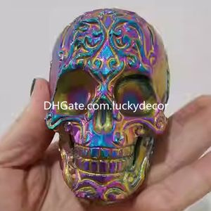 Rainbow Aura Black Obsidian Altar Skull Home Decor Rare Amazing Titanium Coated Natural Quartz Crystal Human Skull Statue Hand Carved Healing Mind Stone Ornament