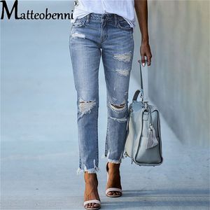 Jeans femininos Mulheres esticadas rasgadas angustiadas calças de jeans de cintura alta magras
