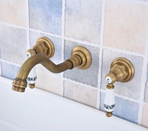 Bathroom Sink Faucets Antique Brass Widespread Wall Mounted Double Ceramic Handle Faucet Tub Tap Lsf530