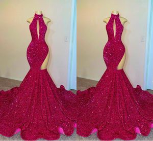 Elegant Mermaid Evening Dresses Floor Length Sequined Halter Neck Pleats Satin Evening Formal Party Second Reception Birthday Pageant Dress Prom Gowns