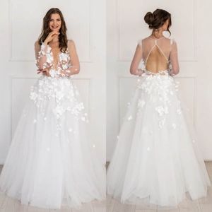 Eşsiz A-Line Gelinlik Derin V boyun şeffaf uzun kollu 3D Çiçek Başvuru Sahibi Tulle Sırtsız Kat Uzunluğu Özel Artı Boyutu Gelin Elbise Vestidos De Novia