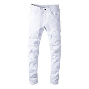 Jeans da uomo Sokotoo Jeans da motociclista strappati elasticizzati bianchi da uomo Pantaloni slim in denim patchwork a pieghe skinny 230313