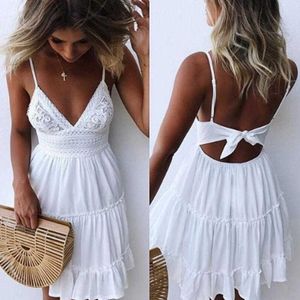 Girls White Summer Dress Spaghetti Strap Bow Dresses Sexy Women V-neck Sleeveless Beach Backless Lace Patchwork Mini Dress