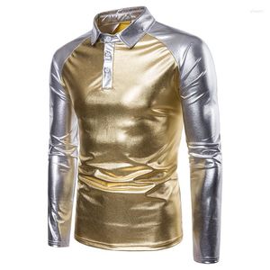 Men's T Shirts Wholetide Retail Men Gold Silver Patchwork Hip Hop Night Club Wedding Party Stage Performance Shirt Lång ärm Slim Fit