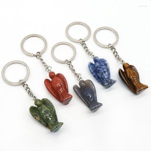 Keychains Natural Crystal Stone Keychain Cute Angel Figurine Hanging Charm Opal Cherry Quartz Lapis Key Ring For Car Bag Accessories Lucky