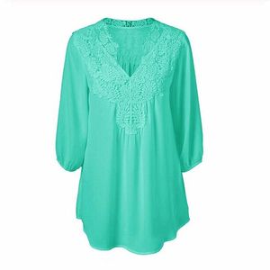 Kvinnors blusar Skjortor Spring Summer Women Bluses Lace Chiffon Hollow V-Neck Shirts Plus Size Lose Three Quarter Sleeve Tops Shirts Women 230311