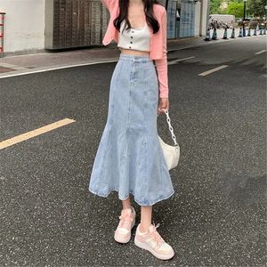 Skirts Y2k Ruffles Long Mermaid Denim Skirt Women'S Korean Sexy Bodycon Tight Maxi Flare Skirt Blue Jeans Trumpet Skirt Plus Size 4xl 230313