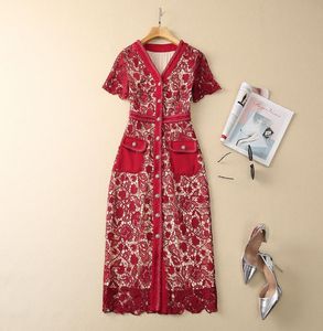 Spring Red Floral Lace Dress Short Sleeve V Neck Double Pockets Single-Breasted Casual Dresses S3F131622 Plus Size XXL