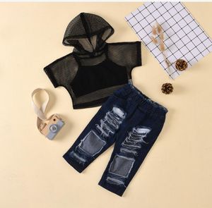 Baby Girls Clothes Set 2023 Summer Kids Fishnet Short Sleeve Hooded Tops Tank Top Ripped Denim Pant Jeans Girls Outfits