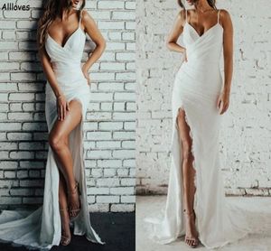 High Split Sheath Sexy Wedding Dresses Women Spaghetti Straps Lace Bohemian Country Beach Bridal Gowns Sleeveless Long Reception Party Dress for Bride CL1998