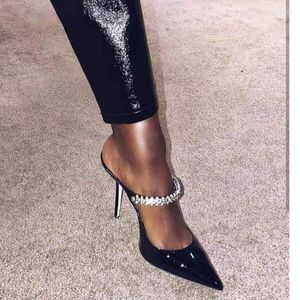 Slippers Summer Pointed Toe Rhinestone Patent Leather With Banquet Dress Stiletto Shoes Custom Oversized Flat Women's Sandals