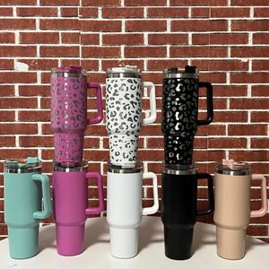 40oz Leopard Mugs Reusable Tumbler with Handle and Straw Stainless Steel Insulated Thermos Water Bottles Big Capacity Camping Cups In Stock ss0313