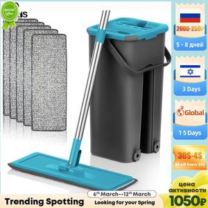 New Flat Squeeze Mop with Spin Bucket Hand Free Wringing Floor Cleaning Microfiber Mop Pads Wet or Dry Usage on Hardwood Laminate