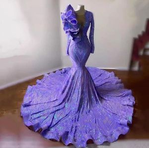 2023 Funkelnde Pailletten Meerjungfrau Abendkleider Tragen Lila Lavendel Sexy V-Ausschnitt Rüschen Partykleider Lange Ärmel Glänzende Spitze Abendkleid Robe De Soiree Vestido