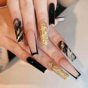 Valse nagels 24 stks zwart gouden folie lang hart patroon draagbare ballerina kist kist nep vol nagel nagel tips druk op manicure