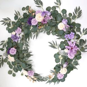 Decorative Flowers Wreaths Artificial Wedding Arch Flower Garland Silk Wall Hanging Rattan Plastic Vine Purple Rose Home Room Window 1.8M Long Decor Floral 230313