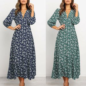 Casual Dresses Women Floral V Neck Maxi Dress Spring Ladies Long Puff Sleeve Fleared Dress Fashion Female Button Swing Dress A-Line 230313