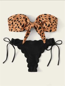 Swim Wear Beach Bikini Woman Sexig Front Lace Up Tie Strapless Leopard Swimsuit Kvinna Push Up Ruffled Bow Bathing Suit Thong Badkläder 230313