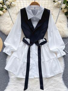 Casual Dresses Fall Women Two Piece Long Sleeve Dress Set Korean Fashion White Short Blus Asymmetrical Vests Female Y2K Suits