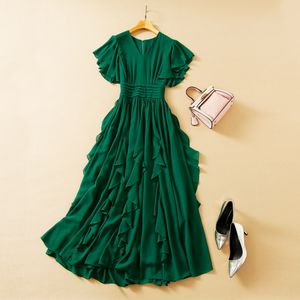 Summer Short Sleeve Dress V Neck White / Black / Green Solid Color Chiffon Ruffle Detail Panelled Long Maxi XXL Elegant Casual Dresses 22Q042325