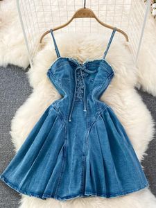 Casual Dresses ZCWXM Blue Denim Women Summer Sexy V Neck Gothic Spaghetti Strap Club Bandage Zipper Off Shoulder Party Dress