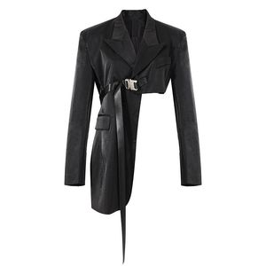 Women's Suits & Blazers Slim Black Suit Jacket Cut-off Asymmetrical Shoulder Belt Fashion Coat Broad-shoulder Streetwear For WomenWomen's