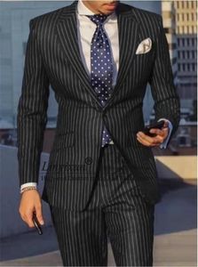 Мужские костюмы Blazers Classic Stripe Navy Blue Men Suit Business Slim Fit Blazer 2 Piece Groom Wedding Tuxedo Skinny Prom Terno Masculino Ja