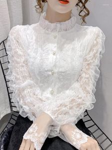 Camicette da donna camicia in pizzo a maniche lunghe abbigliamento da donna autunno sudcoreano sciolto grande colletto sottile semplice moda