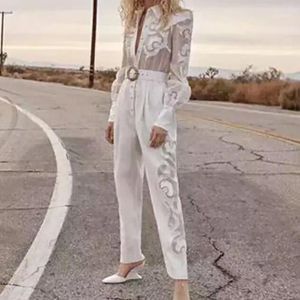 Women's Jumpsuits & Rompers 2023 Cotton White Lace Elegant Turn-down Collar Exquisite Embroidered Blouse Top Waist Belt Pants Overall Jumpsu