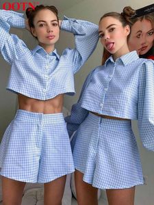 Women's Two Piece Pants OOTN Gingham Long Lantern Sleeve Female Set Crop Top Shirt With High Waist Shorts Summer Two Piece Set Elegant Women Short Suits 230311