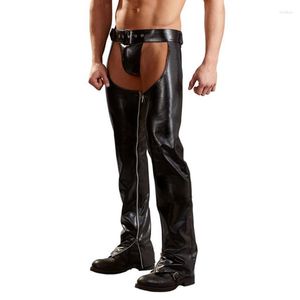 Men's Pants Black Gothic Men Skinny Faux Leather Shiny Trousers Nightclub Stage Performance Singers Dancer Open Front Male
