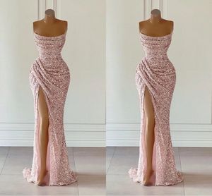 Bling Bling Pink Mermaid Prom Dresses Straplesss High Split Draped Pleats Sweep Trian Engagement Formal Evening Pageant Birthday Party Gowns Custom