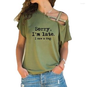 Women's T Shirts Sorry I&#39;m Late I Saw A Dog Print Funny Teeshirt Women Short Sleeve Loose Irregular Skew Cross Bandage Tops Tee