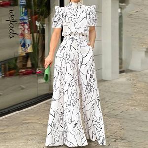 Women's Jumpsuits Rompers Wefads Women Jumpsuit Loose Fashion Elegant Long Pants Short Sleeve Halterneck Art Print Sets High Streetwear 230313