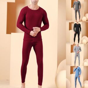 Unterhosen 2-teiliges Herren-Pyjama-Set, lässig, Rundhalsausschnitt, ultraweich, mit Fleece gefüttert, Thermo-Tops, Hosen, Unterwäsche, dünne lange Unterhosen