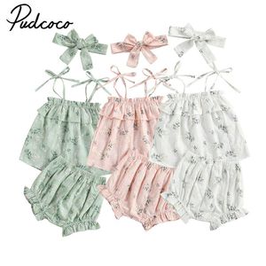 Clothing Sets Infant Baby Girl's Three Piece Set Ruffled Hem Lace Up Shoulder Strap Floral Printed Tops Elastic Waist Shorts Hair Band