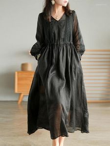 Casual Dresses Zcwxm Summer Cotton Long Dress Women Three Quarter Sleeve Loose Korean Lace Up V-Neck Solid Stitched Maxi