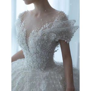 Plus Size ball gown Wedding Dresses Long beaded Puffy Tulle Bridal Gowns Appliqued Lace Ruched Open Back African Bride Dress Vestido De Novia 2023