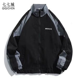 Men's Jackets Men's Spring Jacket Men Patchwork Japanese Stand Collar Windbreaker Coat College Casual Loose Jackets Couple Hip Hop Autumn 230311