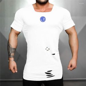 Herr t skjortor märke sommarkläder mode cool rippade hål t-shirts män smal passar kort ärm tee casual hip hop fitness tshirt man