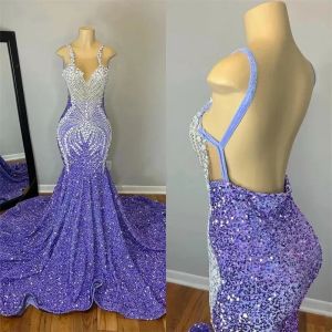 Abiti da ballo sexy a sirena color lavanda Abiti da ragazza neri con strass di cristallo con paillettes aperti sul retro Abiti da festa di compleanno formali realizzati su misura