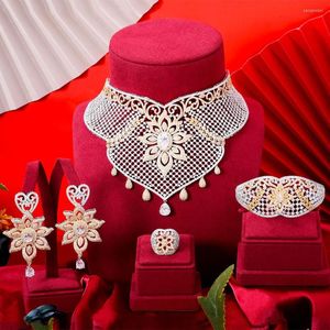 Halsbandörhängen Set Godki Big Fashion 4st Luxury Flower Statement Choker Jewelry for Women Wedding African Cubic Zircon CZ Dubai Bridal