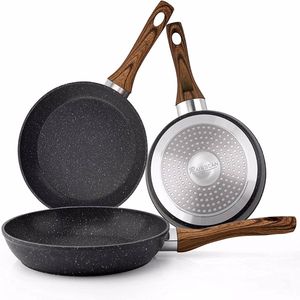 Frying Pan Set 3-Piece Nonstick Saucepan Woks Cookware Set, Heat-Resistant Ergonomic Wood Effect Bakelite Handle Design, PFOA Free