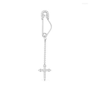 Ohrhänger SLJELY 925 Sterling Silber Single Charm Kreuz Sicherheitsnadel Lange Ohrringe Micro Zirkonia Mode Edlen Schmuck Für Frauen