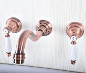 Bathroom Sink Faucets Antique Red Copper Bathtub Basin Faucet Dual Handle Wall Mounted Vessel Mixer Cold Tap Lsf504